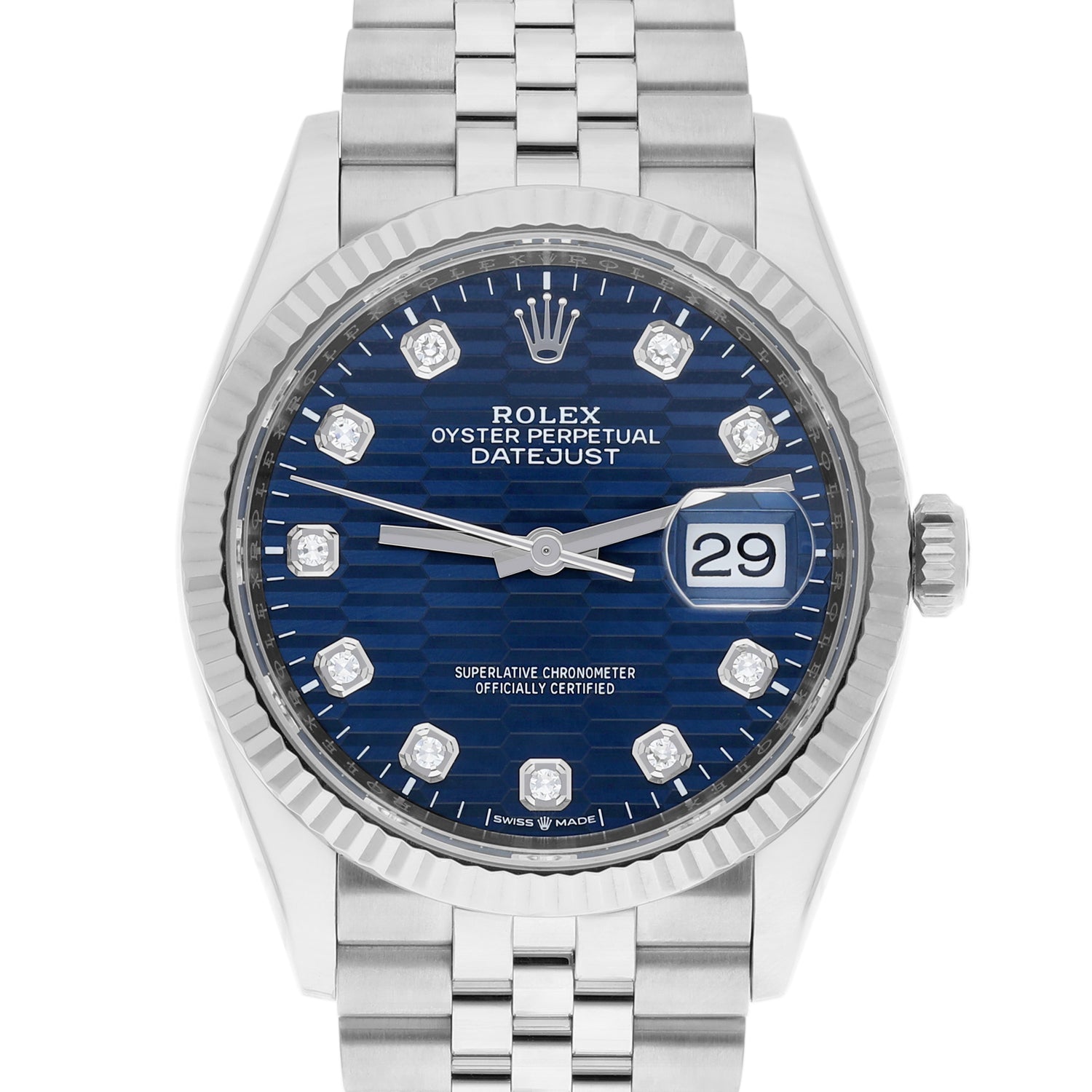 Rolex Datejust 126234 36mm Bright Blue Motif Diamond Dial, Fluted Bezel, Jubilee Bracelet  2023