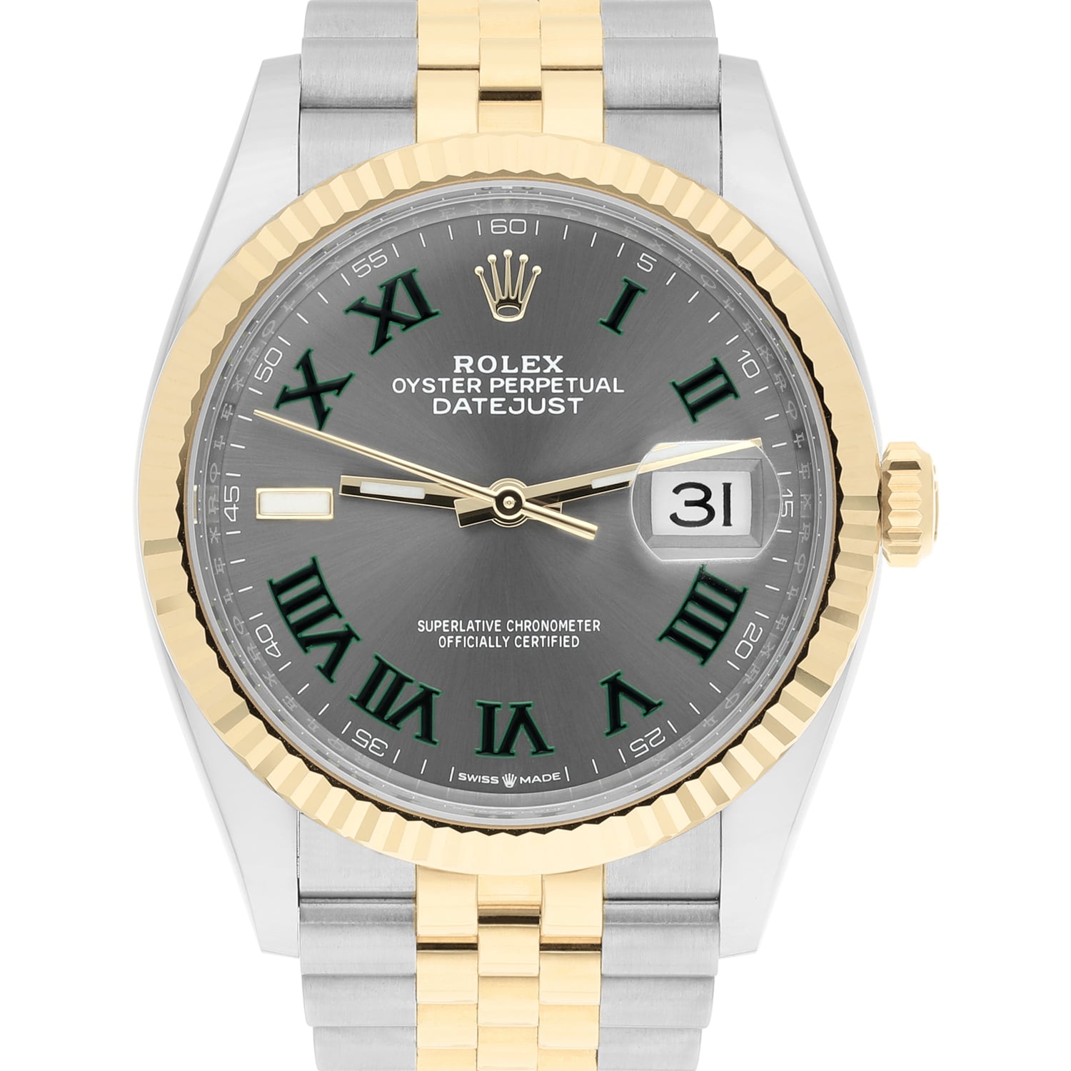 Rolex Datejust 36 Two-Tone Yellow Gold Fluted Bezel Wimbledon Dial B/P 126233