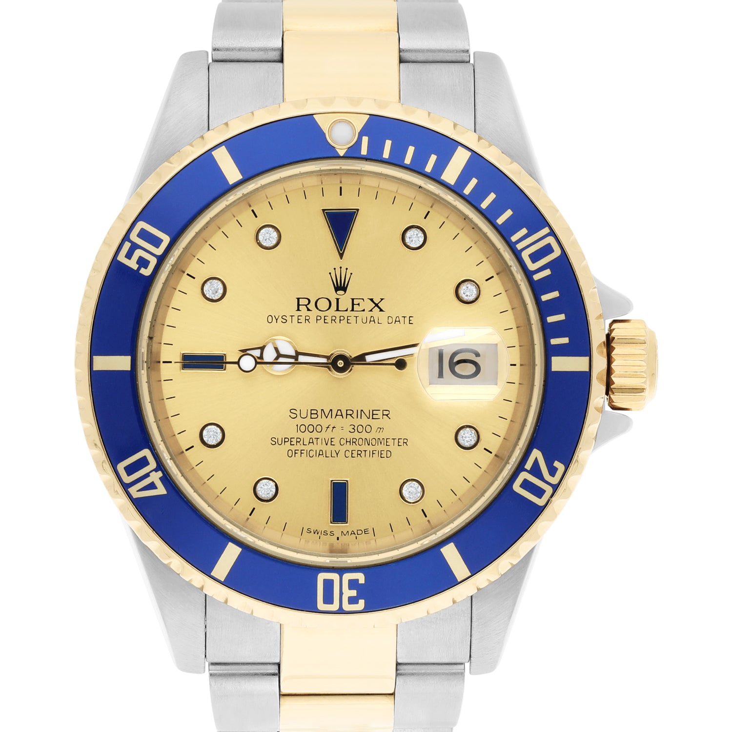 Rolex Submariner Date 18k Yellow Gold/Steel Serti Gold Diamond Dial Mens Watch 16613

