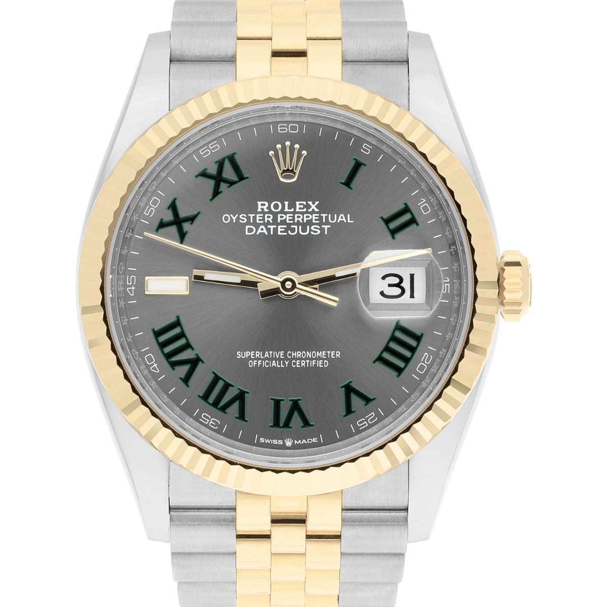 Rolex 126233 Datejust 36mm Two-Tone Yellow Gold Fluted Bezel Wimbledon Dial