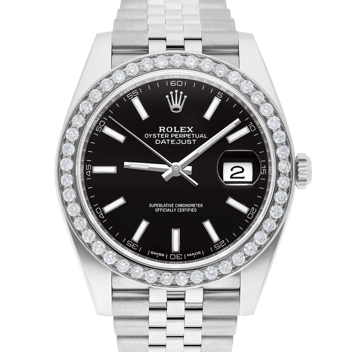 Rolex Datejust 41 Steel Watch Black Index Dial Diamonds Mens Jubilee Band 126300
