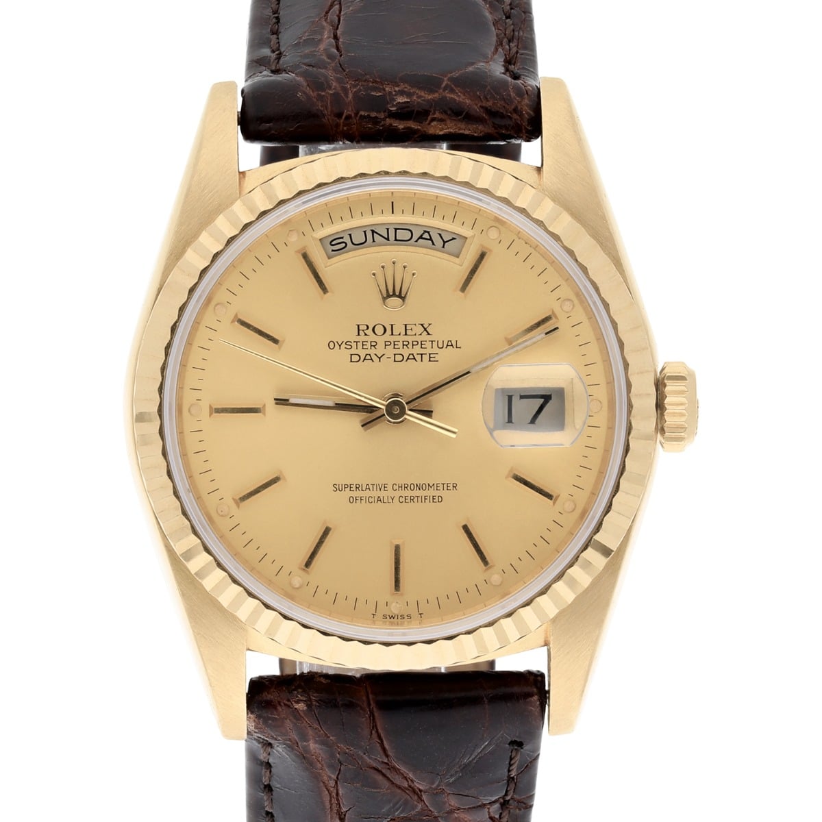 Rolex Day-Date 18238 36mm 18K Yellow Gold Watch Fluted Bezel Champagne Dial