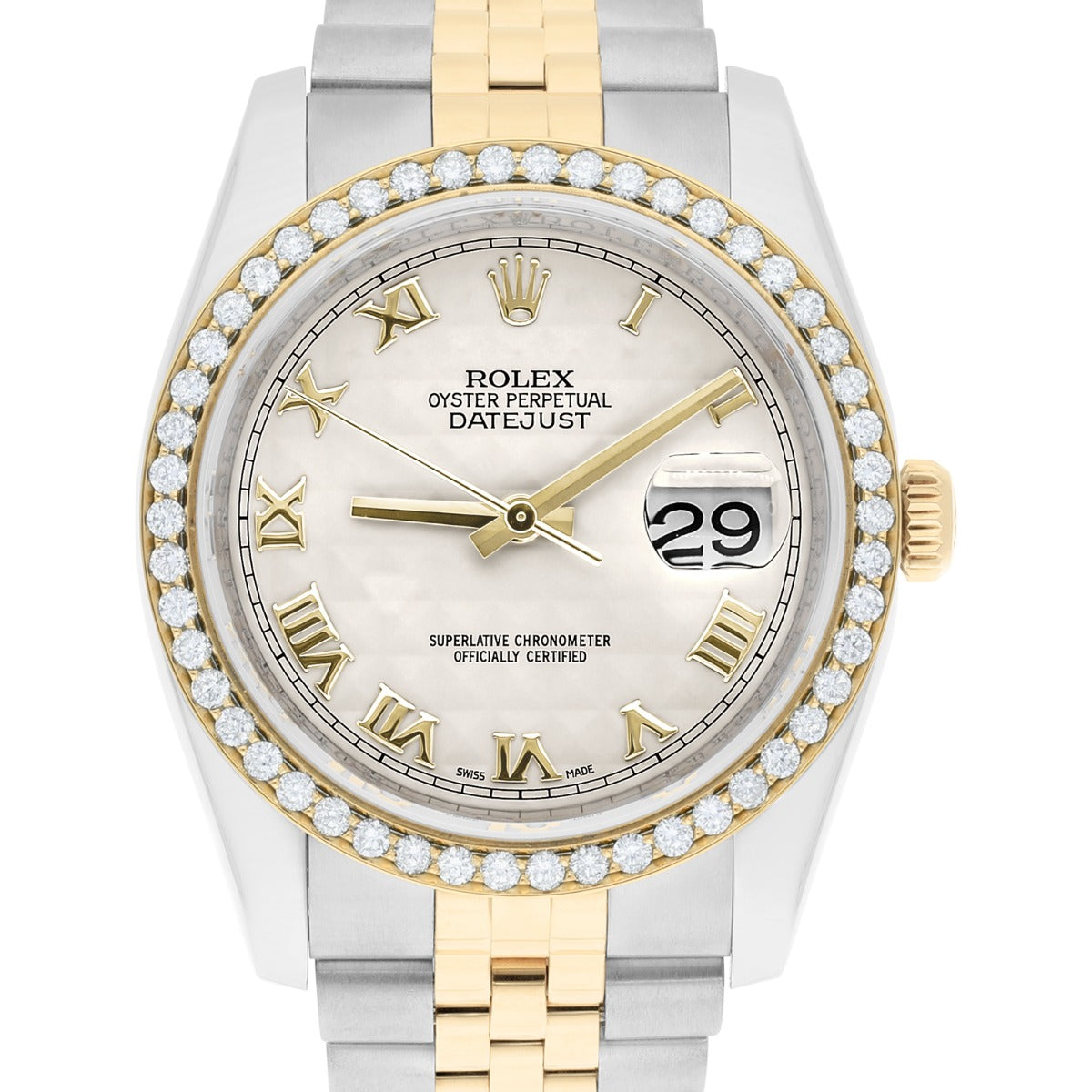 Rolex Datejust 36 Diamond Gold and Steel 116233 Ivory Pyramid Dial Jubilee Watch
