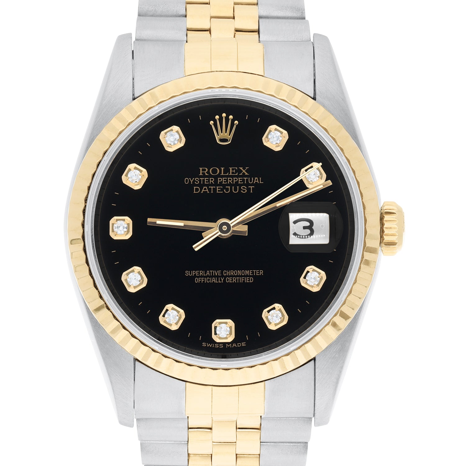 Rolex Datejust 36mm Two Tone Dark Black Diamond Dial Jubilee 16233 Circa - 1993