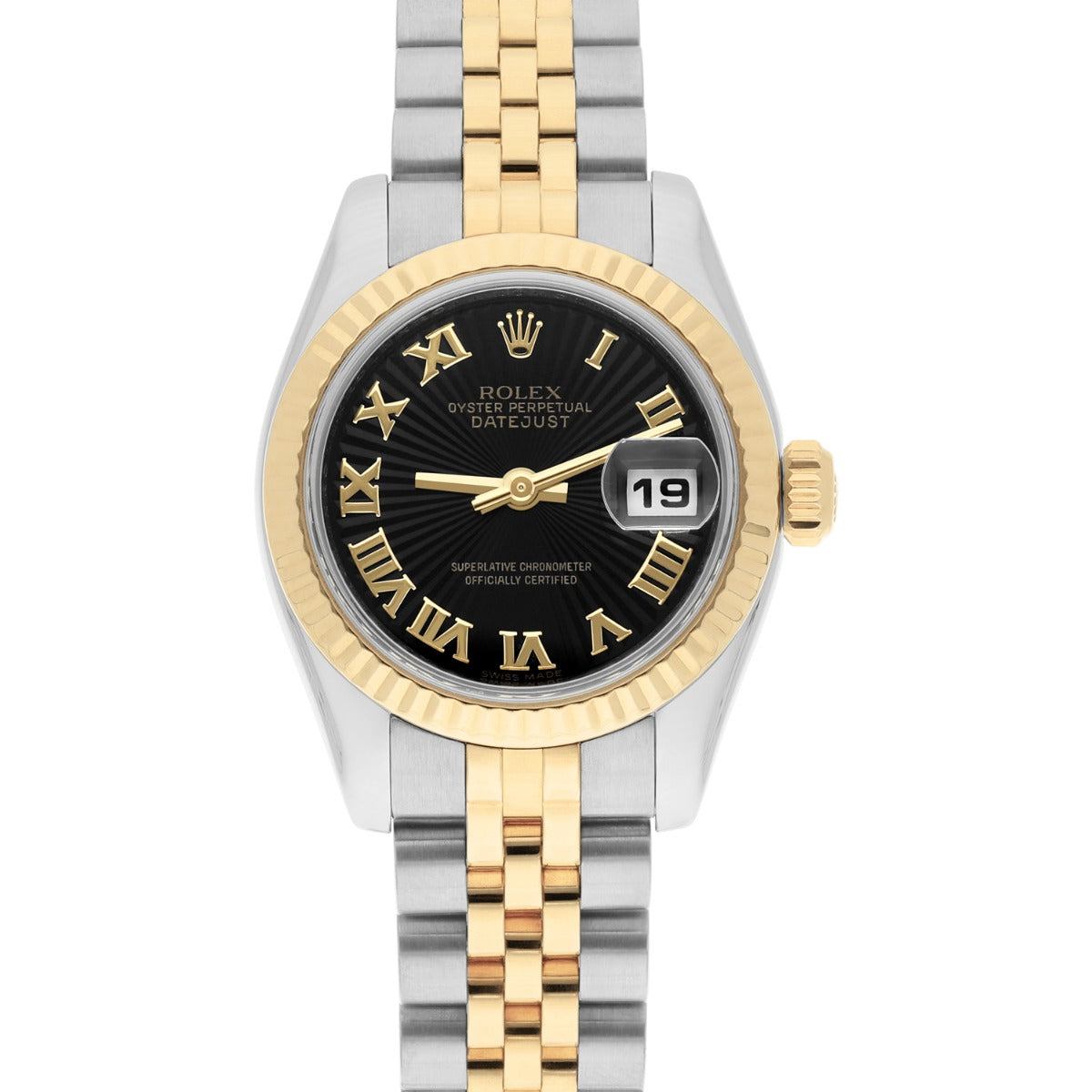 Rolex Lady-Datejust 179173 26mm Steel & Yellow Gold Watch Black Sundust Dial Jubilee Band