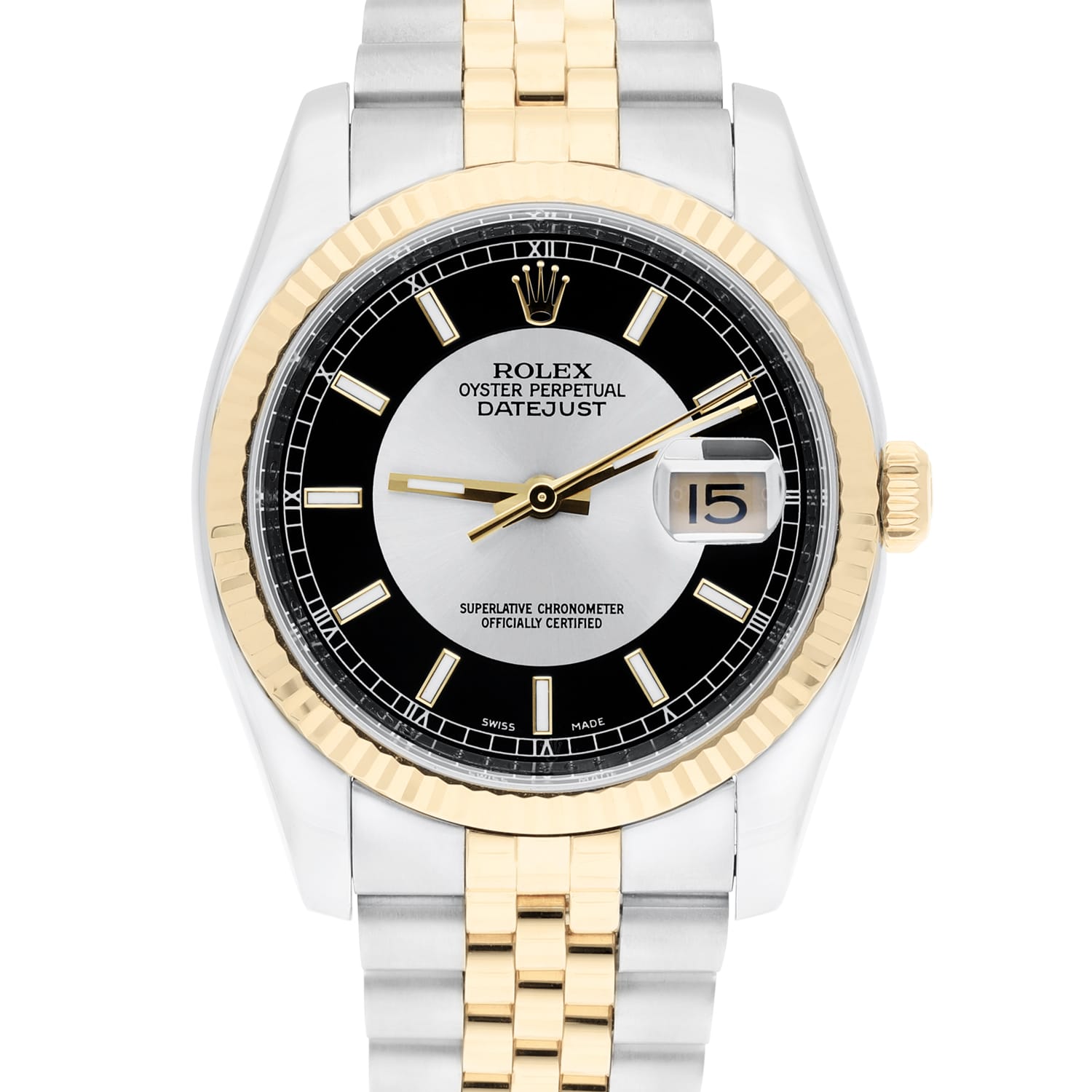 Rolex Datejust 36 Jubilee 116233 Stainless Steel & Yellow Gold Watch Tuxedo Index Dial