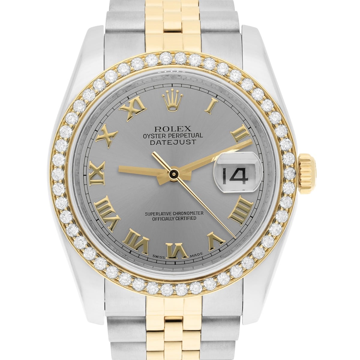 Rolex Datejust 36 2tone 116233 Diamond Bezel Grey Roman Dial Jubilee Band