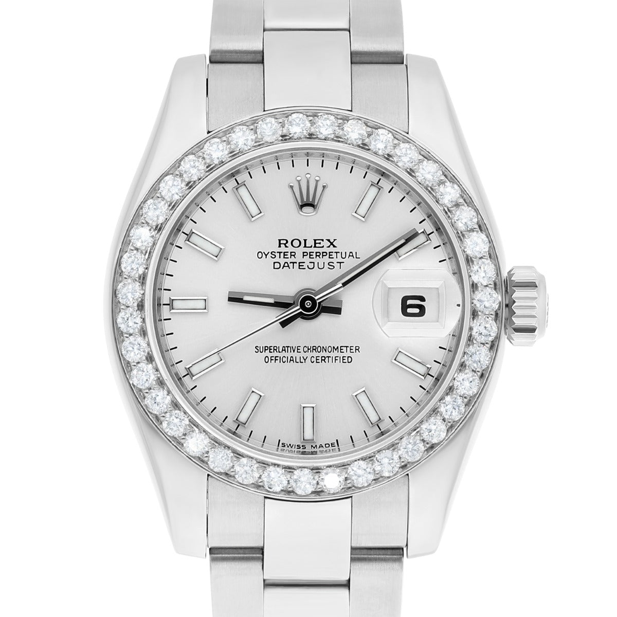 Rolex Datejust 26 mm Silver Index Dial Diamond Bezel Oyster Band Steel Watch