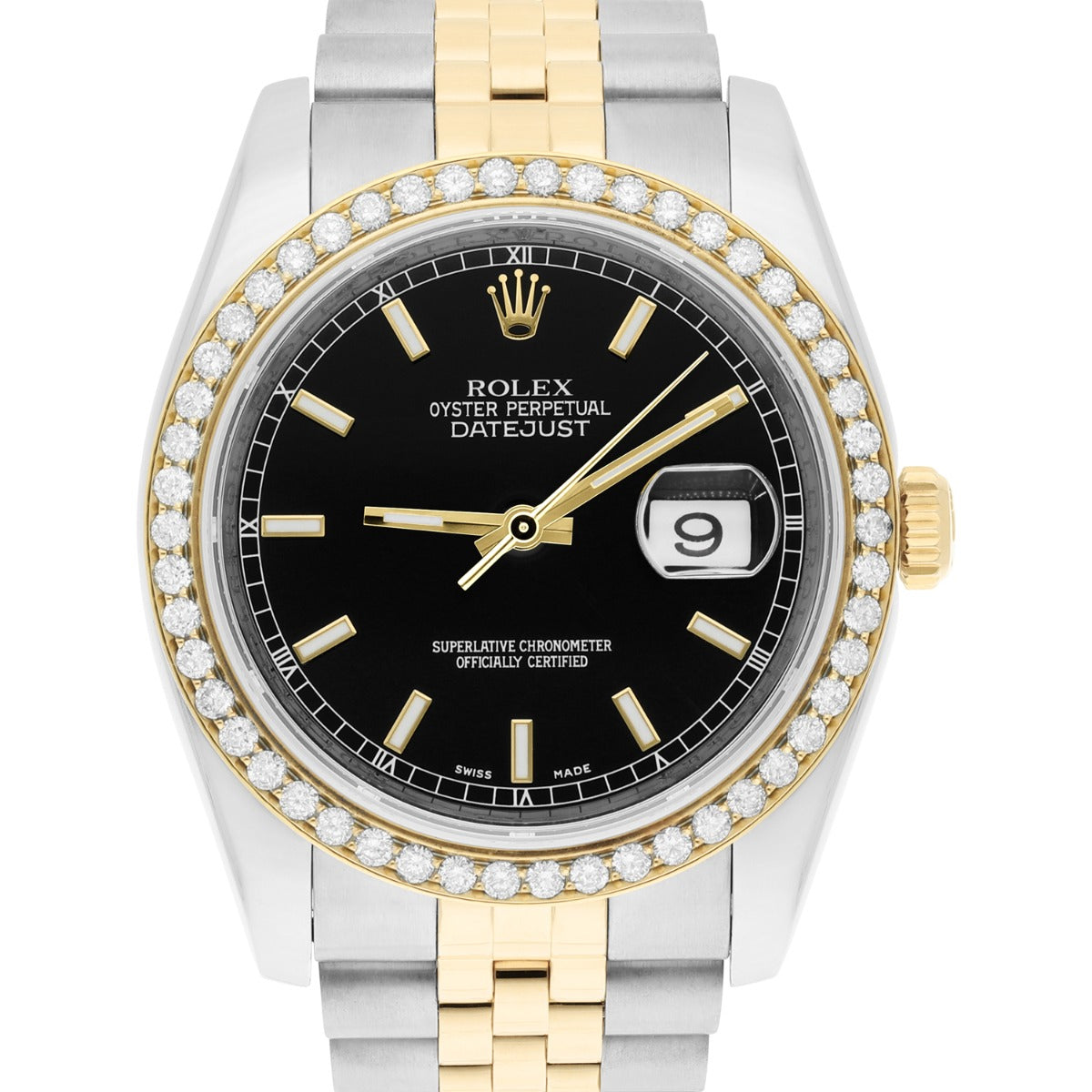 Rolex Datejust 36 2tone 116233 Diamond Bezel Black Index Dial Jubilee Band
