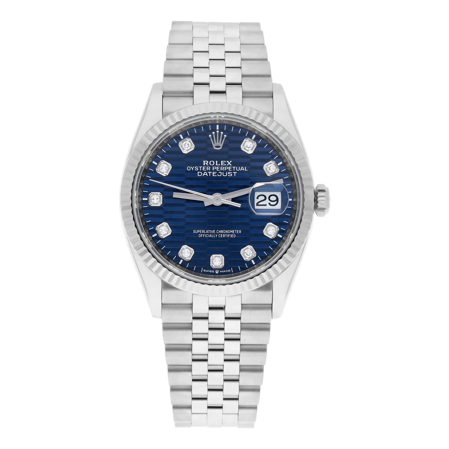 Rolex Datejust 126234 36mm Bright Blue Motif Diamond Dial, Fluted Bezel, Jubilee Bracelet  2023