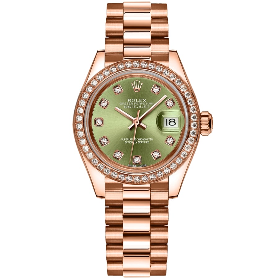 Rolex Lady-Datejust 28mm President 279135 Rose Gold Watch Green Diamond Dial