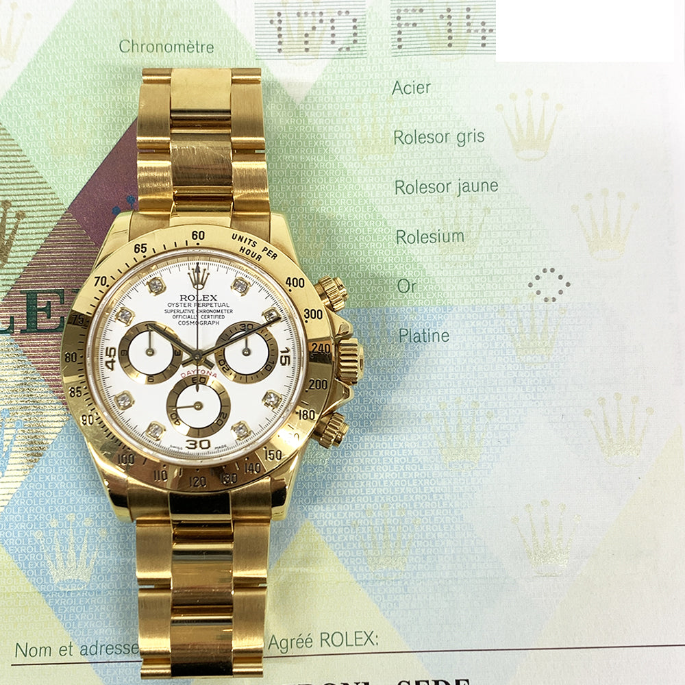 Rolex Cosmograph Daytona 40mm 116528 Oyster Yellow Gold Watch White Diamond Dial