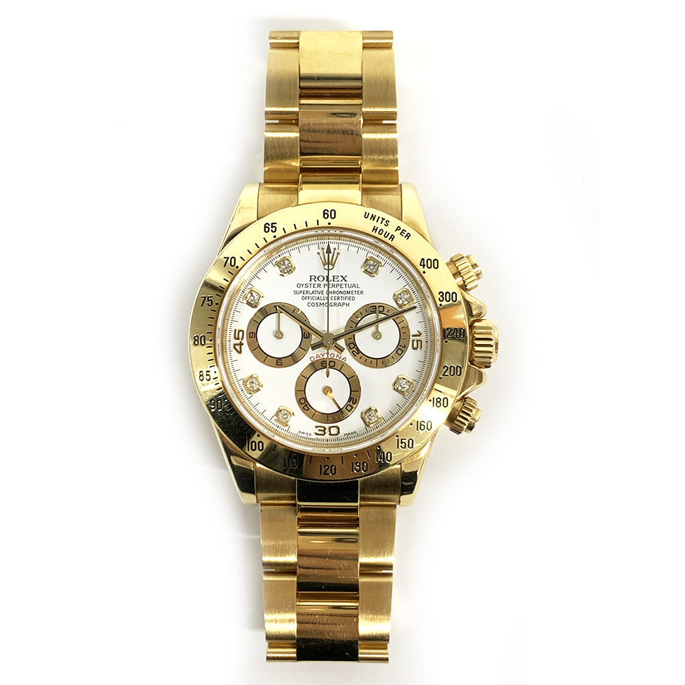 Rolex Cosmograph Daytona 40mm 116528 Oyster Yellow Gold Watch White Diamond Dial
