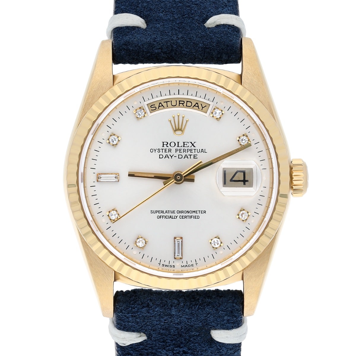 Rolex Day-Date 36 18238 18K Yellow Gold Watch Fluted Bezel Silver Diamond Face