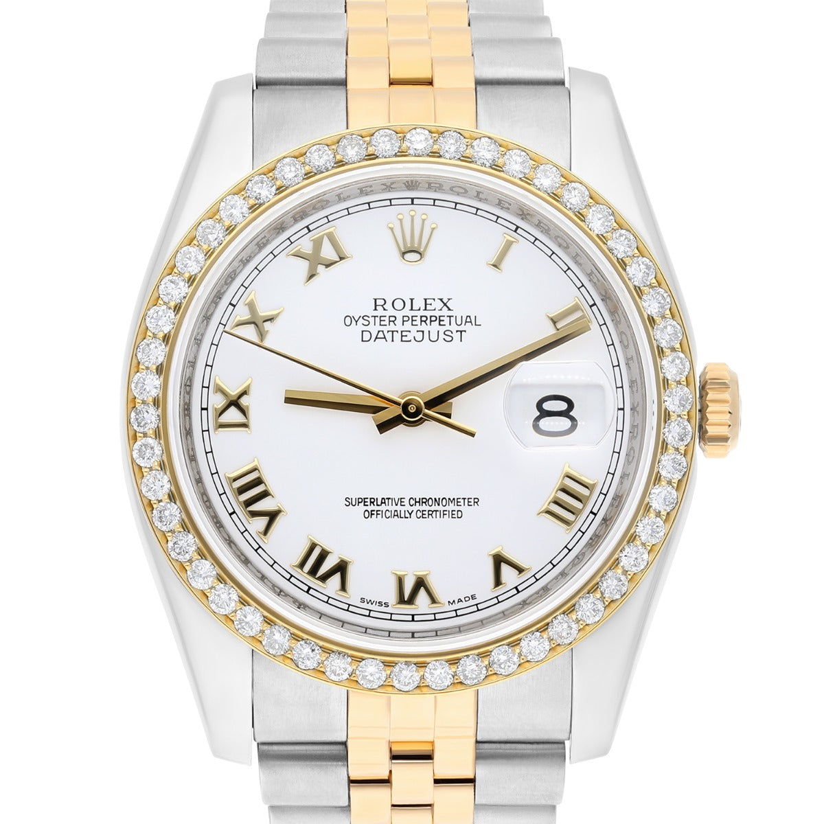 Rolex Datejust 36 Gold/Steel 116233 Diamond Bezel White Roman Dial Jubilee Band Watch