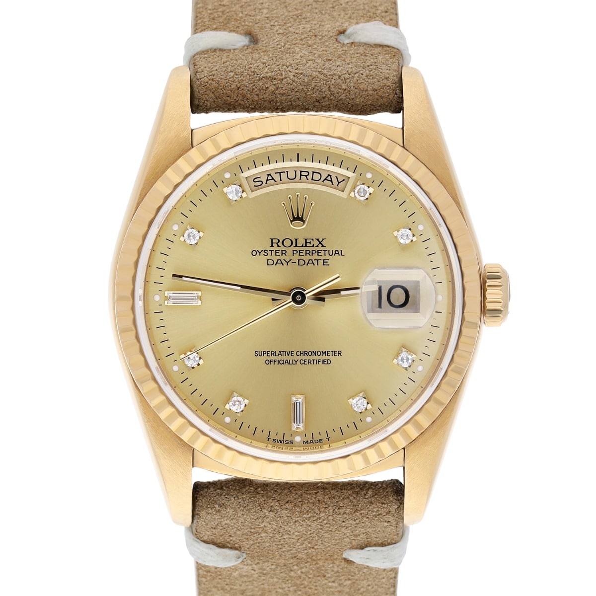 Rolex Day-Date 36mm 18238 18K Yellow Gold Watch Fluted Bezel Champagne Diamond