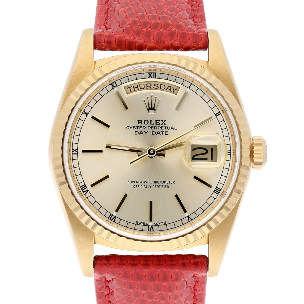 Rolex Day-Date 18238 18K Yellow Gold Watch 36m Fluted Bezel Silver Dial Unisex