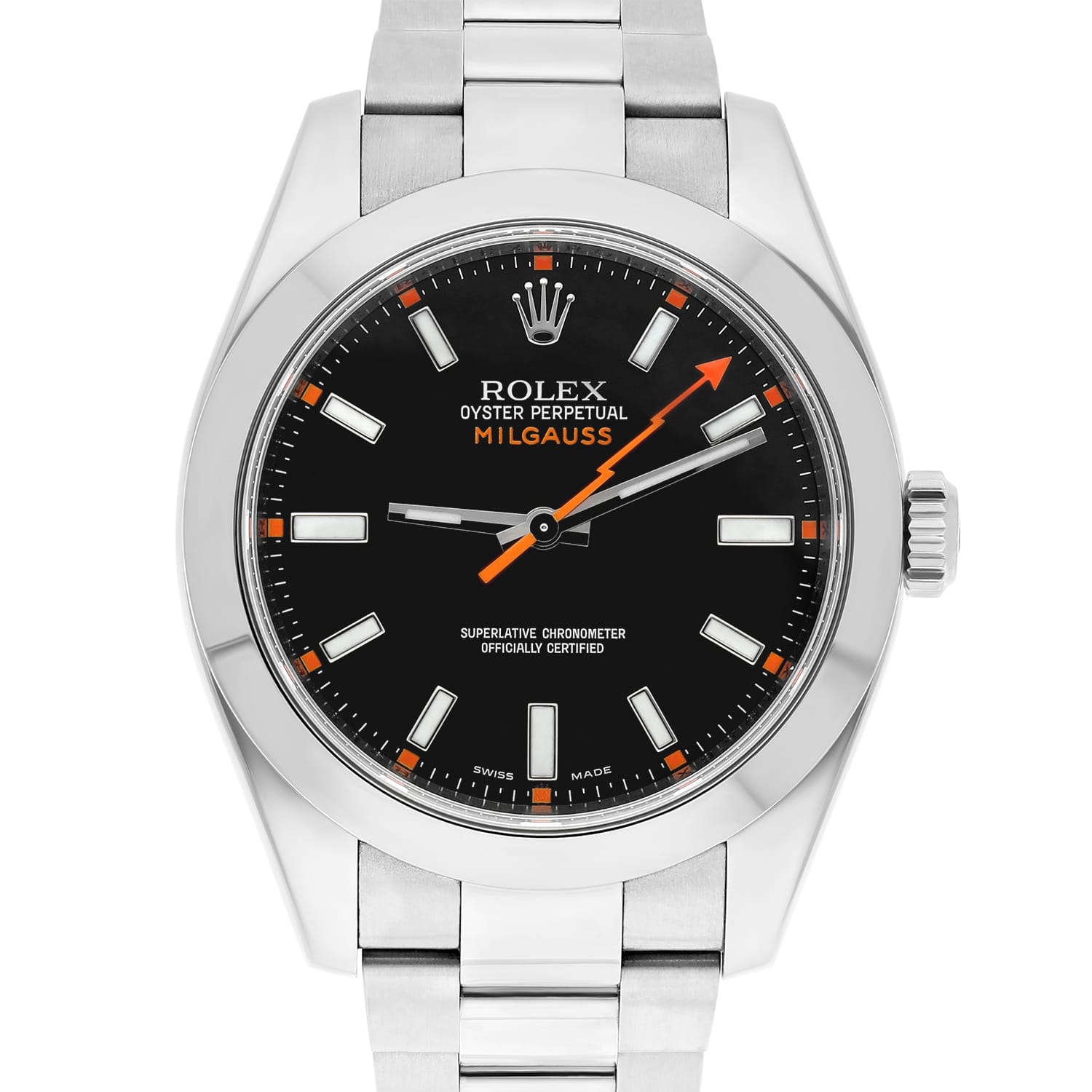 Rolex 116400 Milgauss 40mm Stainless Steel Orange Hand Black Dial Watch