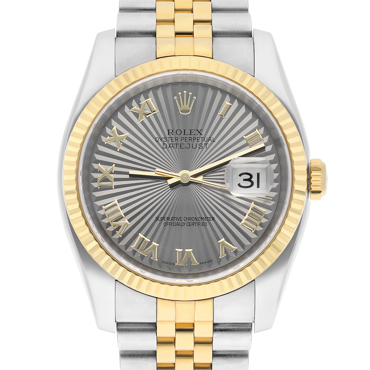 Rolex Datejust 36 Gold/Steel 116233 Silver Sunbeam Rare Dial Jubilee Box Papers