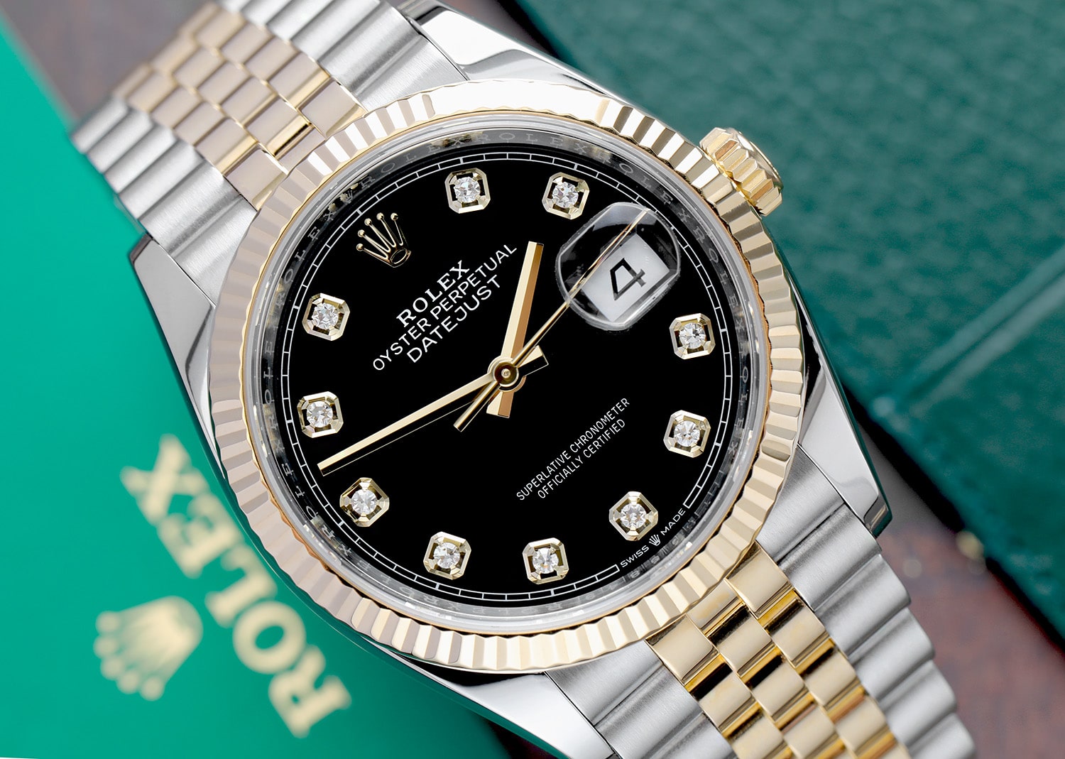 Rolex Datejust 36mm 126233 Stainless Steel & Yellow Gold Watch Jubilee Band Black Diamond Dial MINT