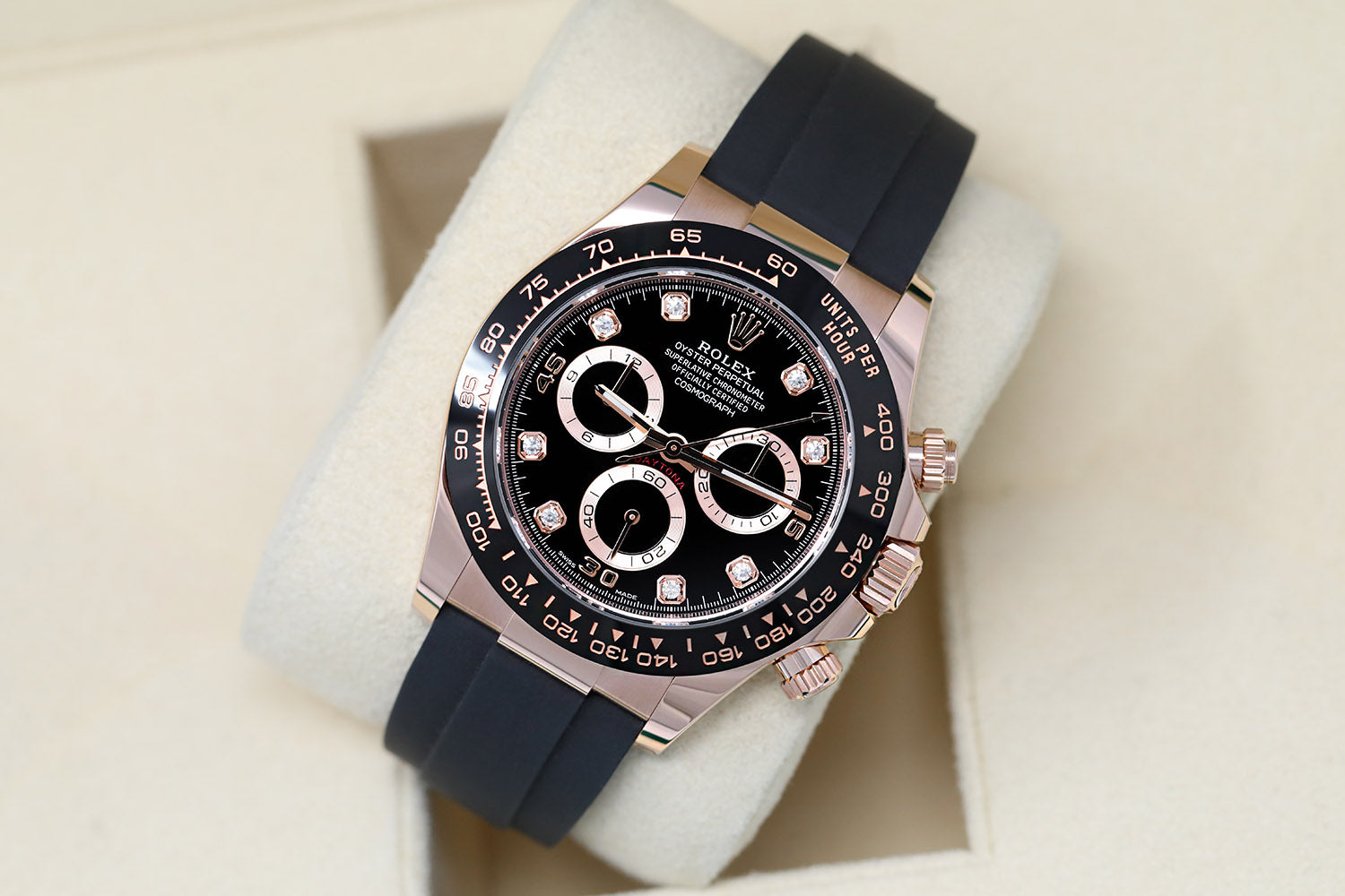 Rolex Daytona Oysterflex 116515LN Rose Gold Watch with Black Diamond Dial and Black Rubber Band