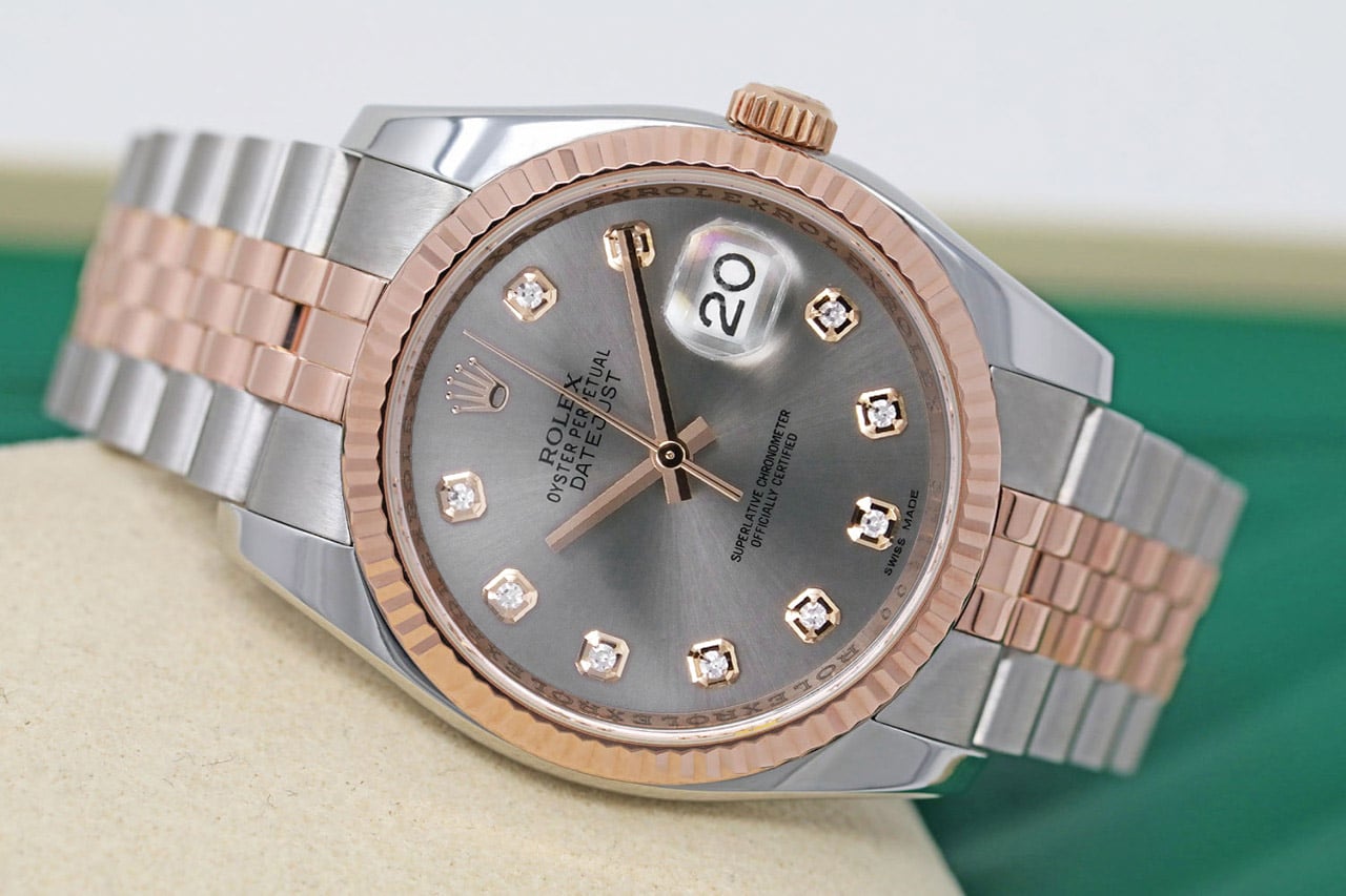 Rolex Datejust 116231 Steel and Rose Gold 36mm Watch Factory Grey Diamond Dial Jubilee Band
