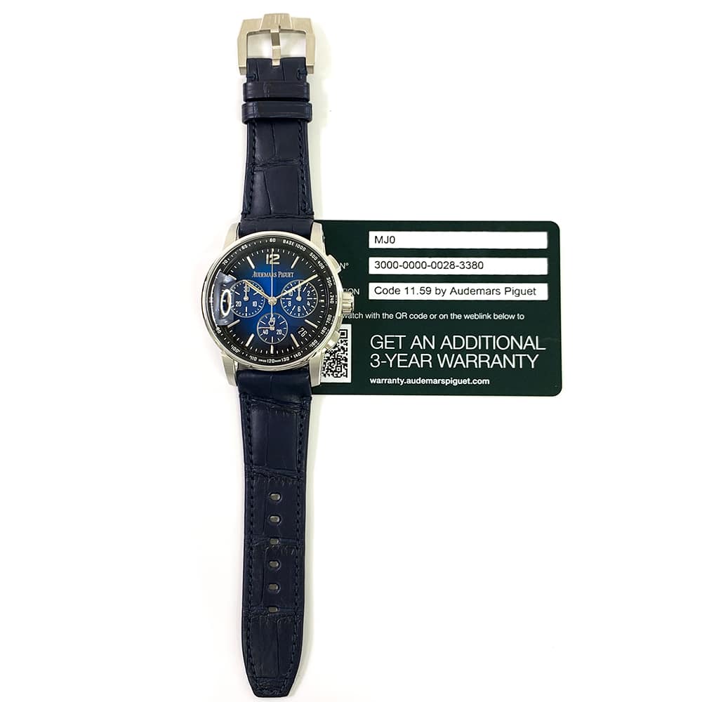 Audemars Piguet Code 11.59 Chronograph 26393BC.OO.A002KB.01 White Gold With Blue Leather Watch Blue Dial