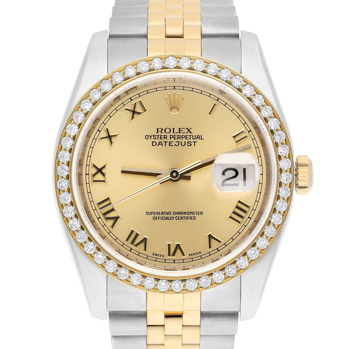 Rolex Datejust 36 Gold & Steel 116233 Champagne Roman Dial Diamond Bezel Jubilee Watch