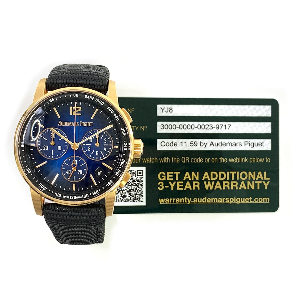 AP Code 11.59 Chronograph Rose Gold With Black Textile Watch Blue Dial