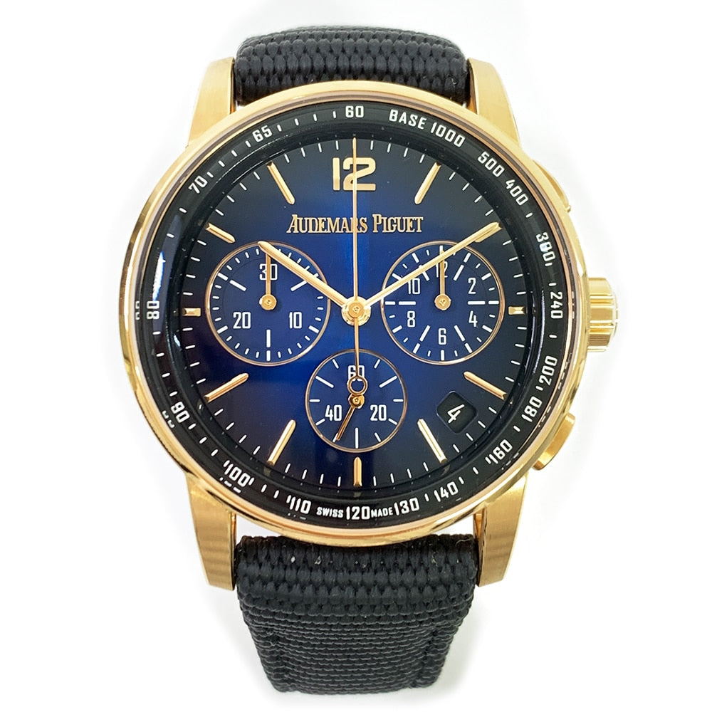 Audemars Piguet Code 11.59 Chronograph 26393OR.OO.A002KB.03 Rose Gold With Black Textile Watch Blue Dial