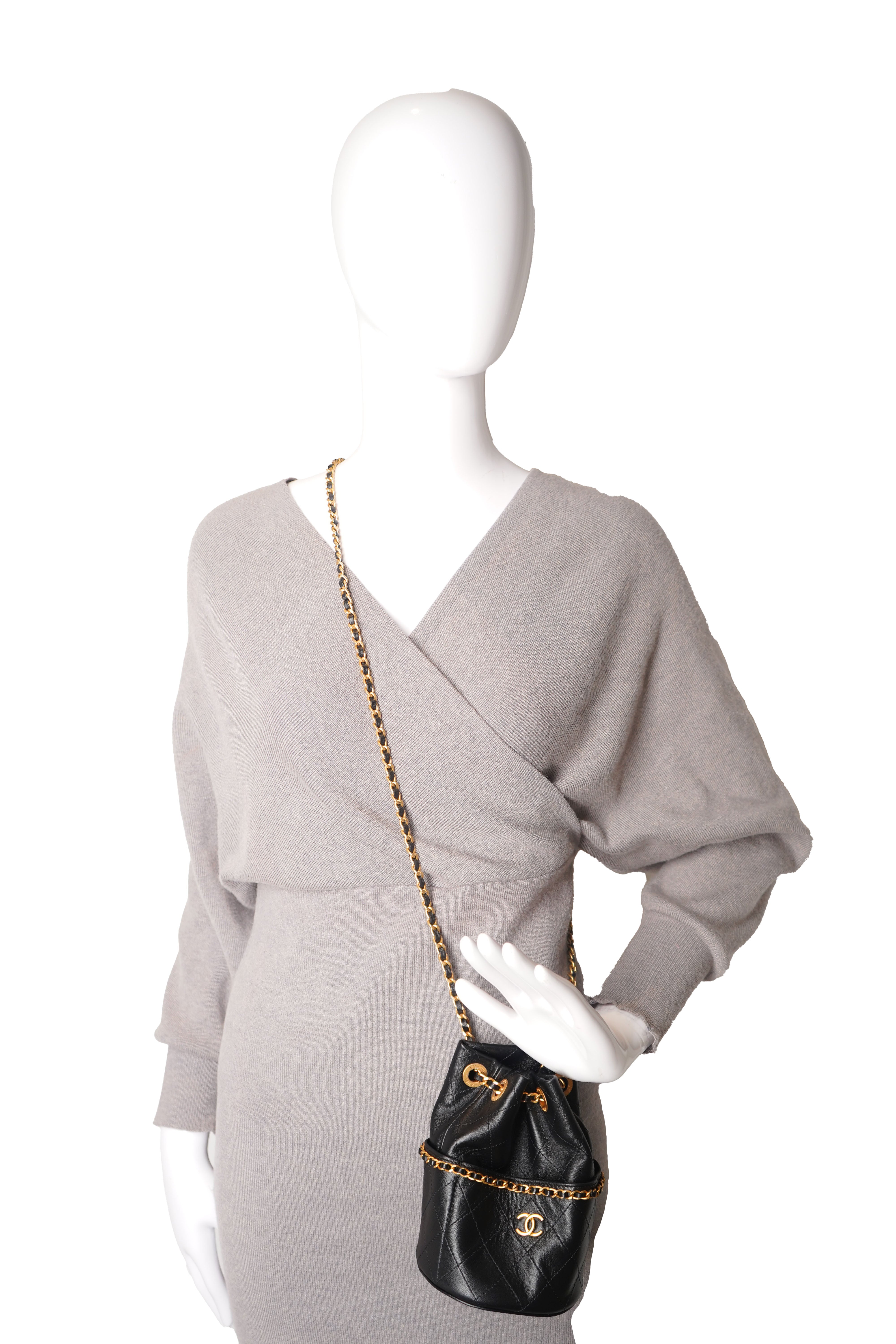 Chanel - Shiny Lambskin Quilted Chain Bucket Bag Black