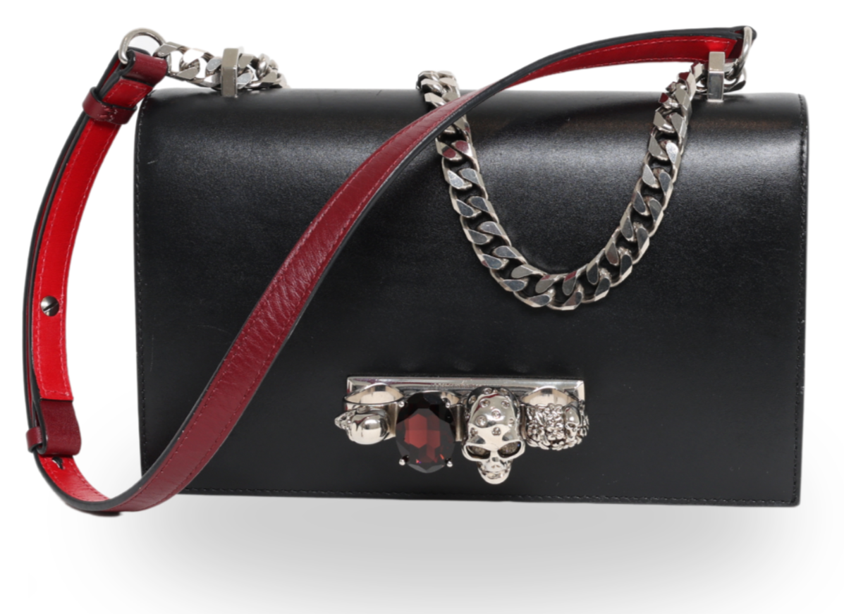 Alexander McQueen - Calfskin Knuckle Shoulder Bag Black features sleek leather, silver hardware, and a unique knuckle design.
