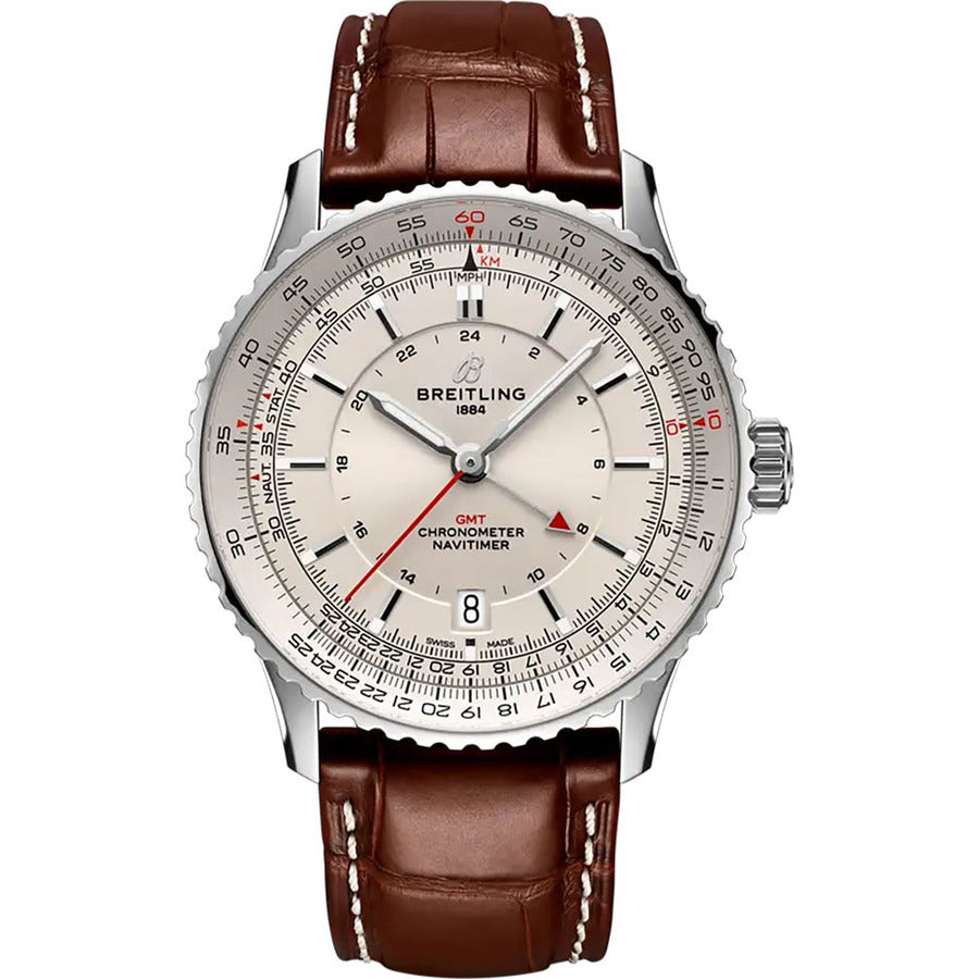 Breitling Navitimer GMT 41 Silver Dial A32310211G1P1 Stainless Steel with Brown Leather Watch 2024