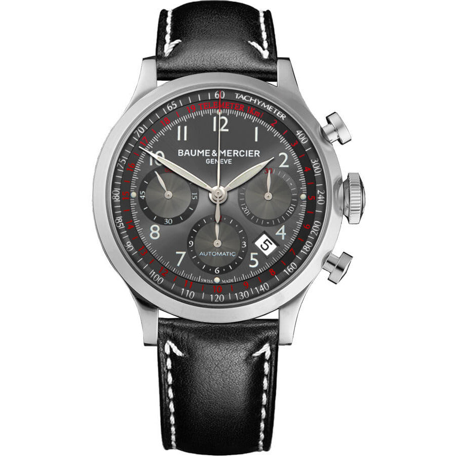 Baume and Mercier Capeland Grey Dial 10003 Stainless Steel Black Leather Men's Watch 2024
