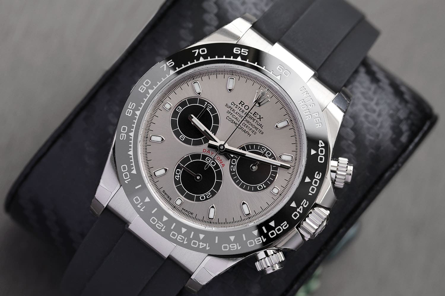 Rolex Cosmograph Daytona 116519LN White Gold With Black Oysterflex Watch Silver Black Subs Dial