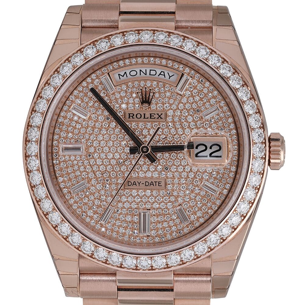 Rolex Day-Date 228345 Rose Gold Watch Pave Diamond Dial Diamond Bezel