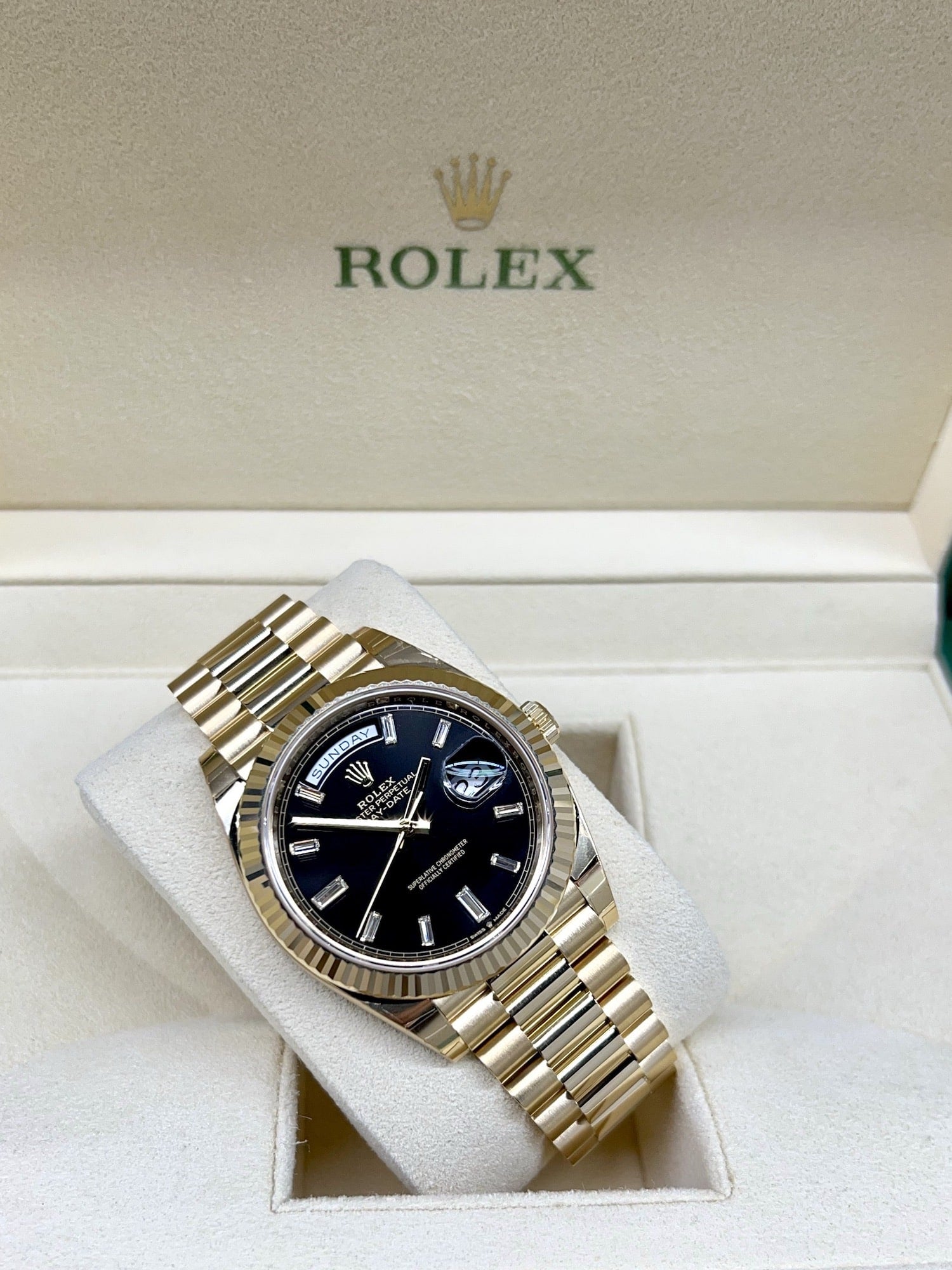 Rolex Day-Date 228238 Yellow Gold Watch Black Baguette Diamond Dial