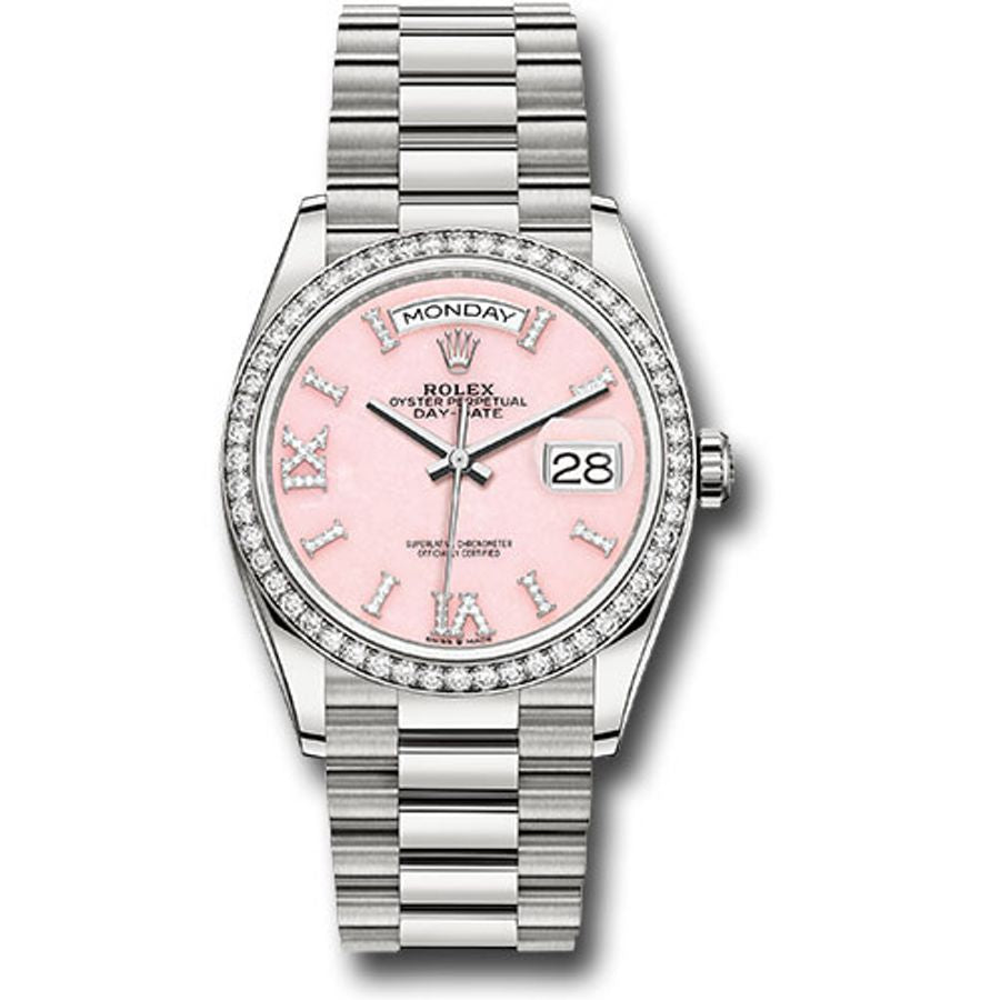 Rolex 36mm Day Date 128349 White Gold with Diamond Bezel Pink Opal Dial