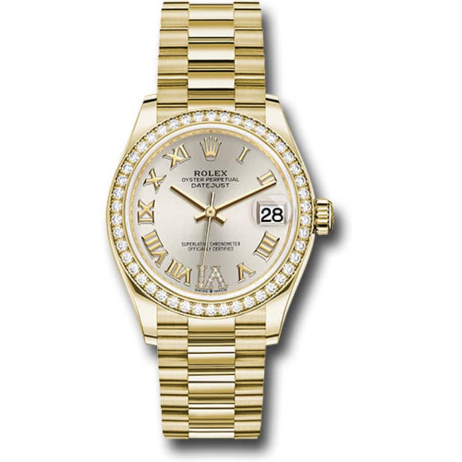 Rolex Datejust 31mm President Yellow Gold with Diamond set on Bezel Watch Silver Roman Dial 278288RBR