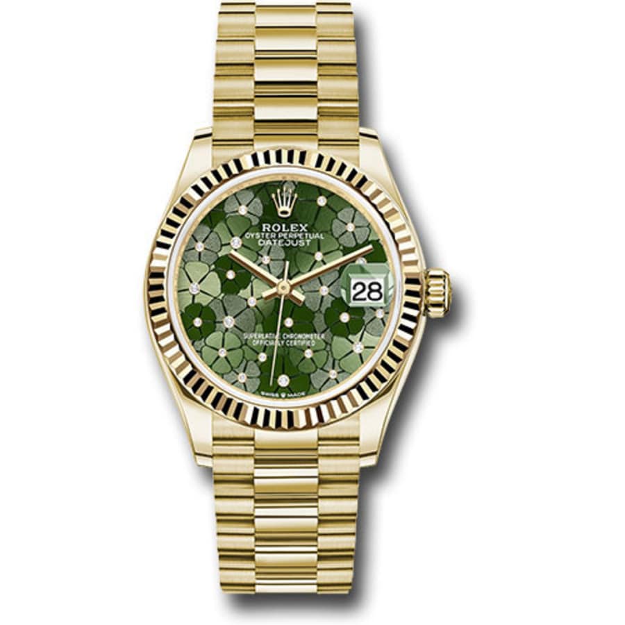 Rolex Datejust 31mm President Yellow Gold Watch Green Floral Diamond Dial 278278