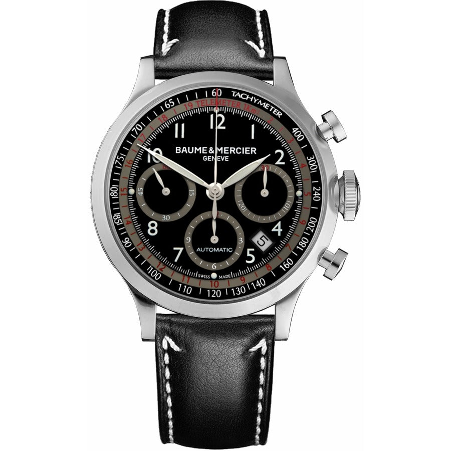 Baume and Mercier Capeland 10001 Stainless Steel With Black Leather Watch Black Dial 2024