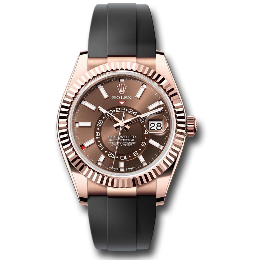 Rolex Sky-Dweller 336235 Rose Gold With Black Rubber Watch Chocolate Index Dial