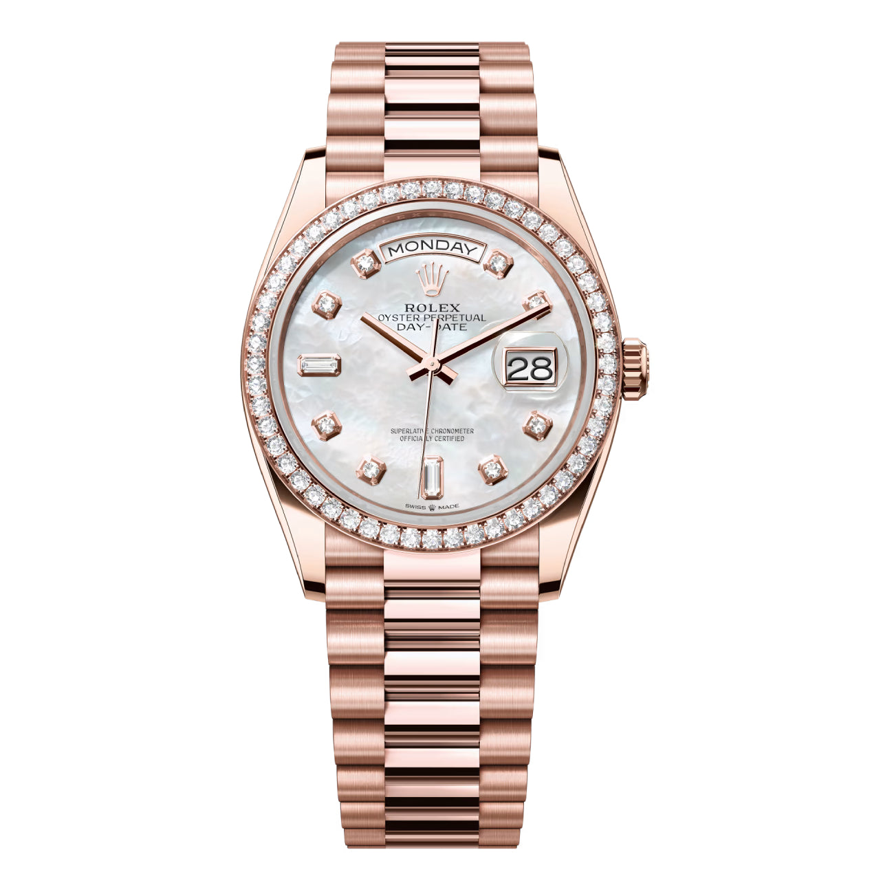 Rolex Day-Date 128345rbr-0028 36mm Rose Gold with Diamond Bezel Mother of Pearl Diamond Dial Watch 2024
