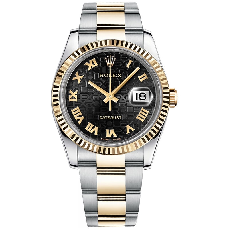 Rolex Datejust 36mm Steel & Yellow Gold Watch Oyster Black Jubilee Roman Dial 116233