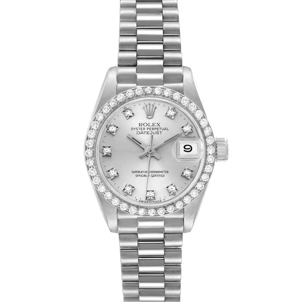 Rolex Datejust 31 White Gold Silver Diamond Dial Ladies Watch Presidential Band with Diamond Bezel 68279