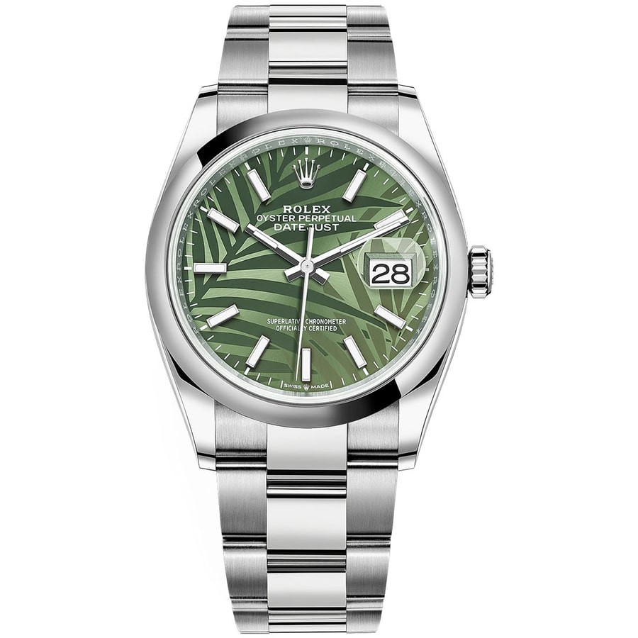 Rolex Datejust 36mm Oyster 126200 Stainless Steel Watch Olive Green Palm Motif Index Dial