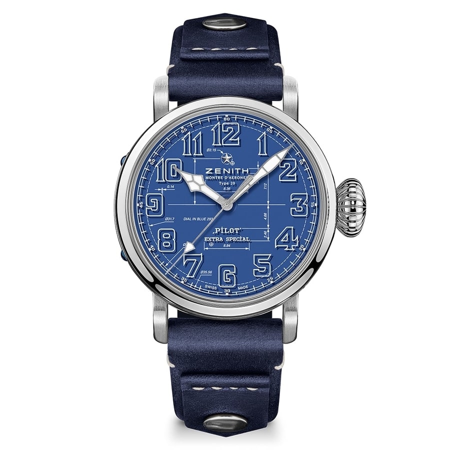Zenith Pilot Type 20 Blueprint 03.2435.679/51.I012 Limited Edition Stainless Steel with Blue Leather Watch Blue Dial
