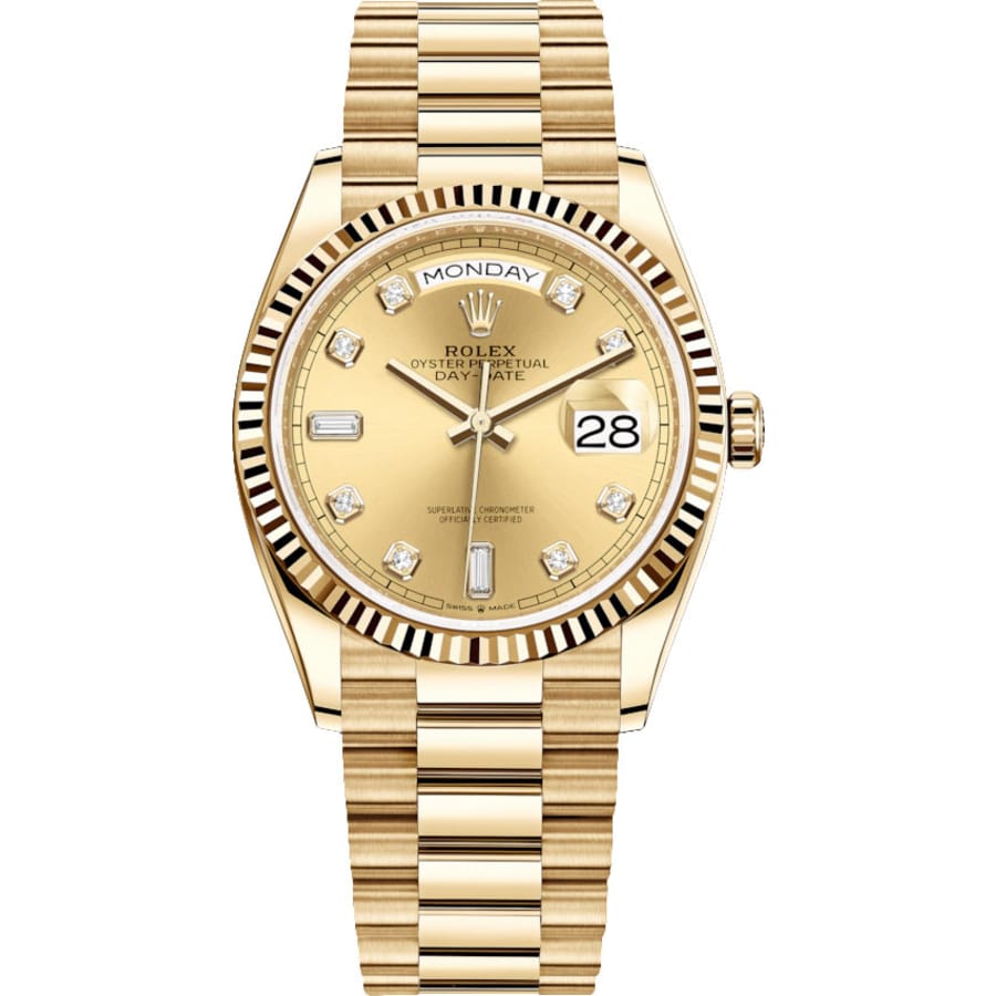 Rolex Day-Date 36mm 128238 Yellow Gold Watch Champagne Diamond Dial