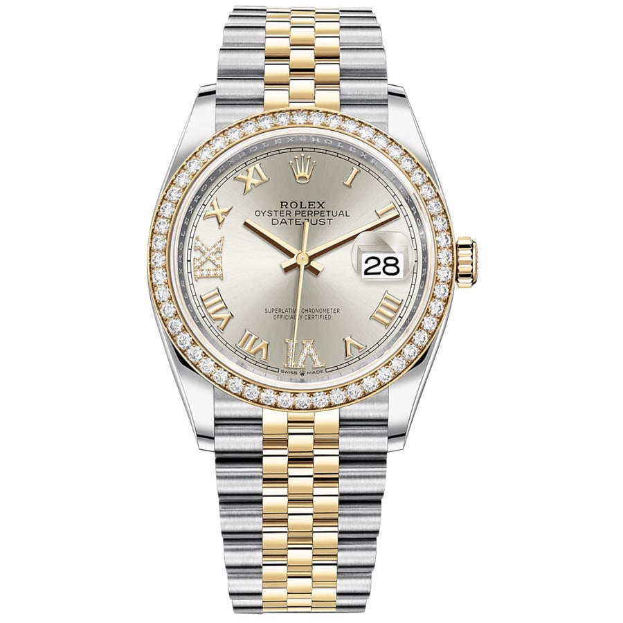 Rolex Datejust 36mm Jubilee 126283RBR Steel & Yellow Gold Watch Silver Roman Pave VI and IX Dial