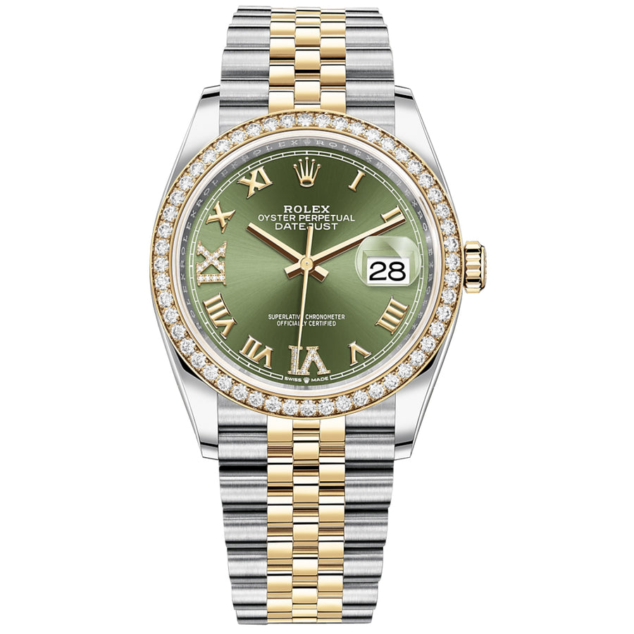 Rolex Datejust Jubilee 36mm 126283RBR Stainless Steel & Yellow Gold Watch Green Roman Pave VI and IX Dial